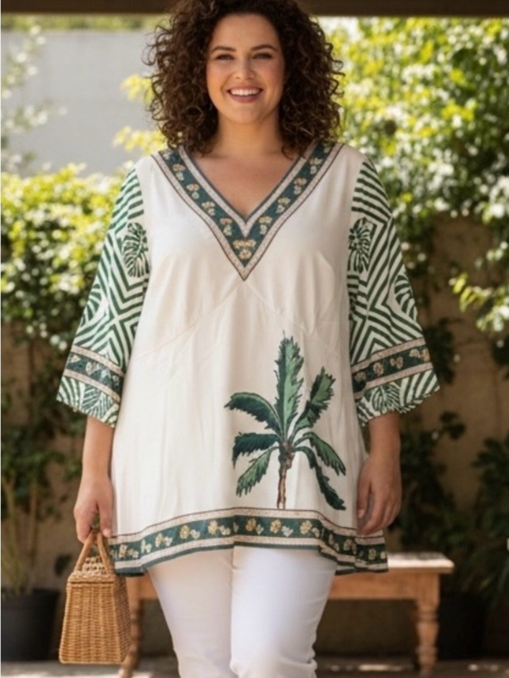 BloomChic Palm Tree Tunic Geometric Trim 3/4 Sleeve Resortwear Coastal
